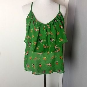 Blue Sketch Blouse Green Birds Spaghetti Straps